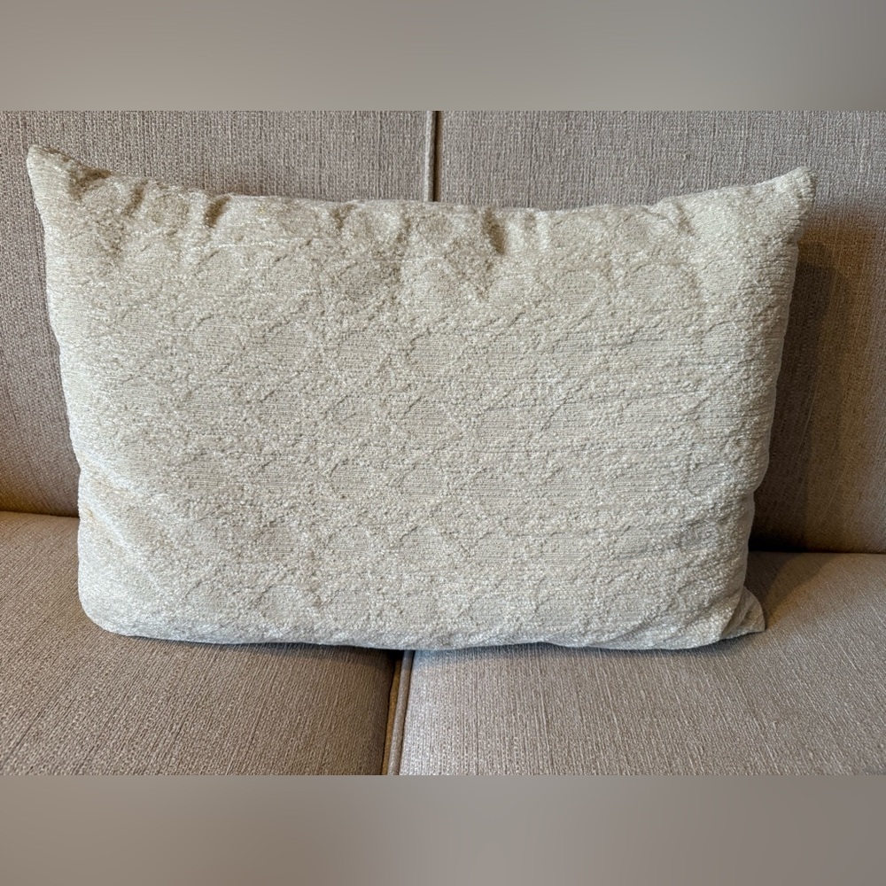 Off white chenille throw pillow with trellis textured fabric, 19x13”